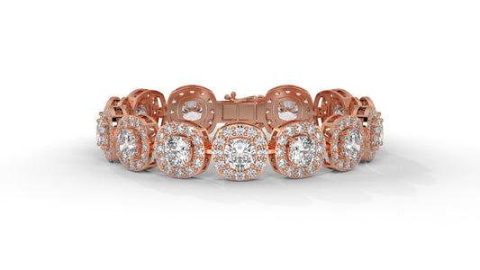 30.26 CTW Diamond Tennis Bracelet in 14K Rose Gold – Cushion and Round Halo Design