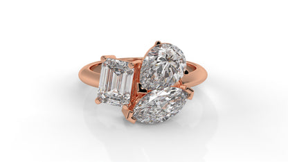 3.00 CTW Three-Stone Toi et Moi Diamond Ring in 14K Rose Gold with Pear, Emerald, and Marquise Diamonds