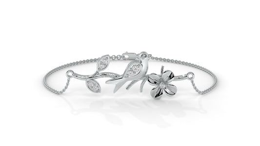 0.19 CTW Diamond Bird and Flower Bracelet in 14K White Gold