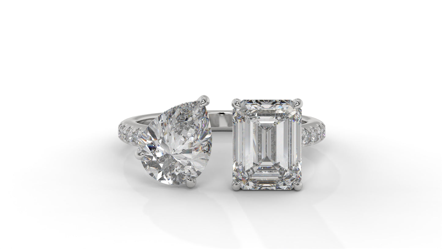 4.50 CTW Toi et Moi Diamond Ring in 14K White Gold with Pear and Emerald Cut Diamonds