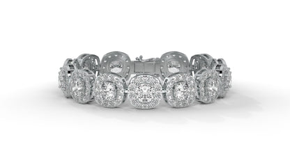 30.26 CTW Diamond Tennis Bracelet in 14K White Gold – Cushion and Round Halo Design