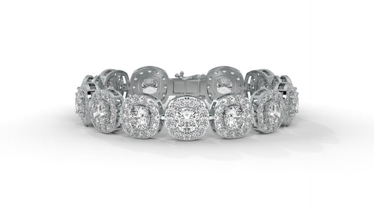 30.26 CTW Diamond Tennis Bracelet in 14K White Gold – Cushion and Round Halo Design