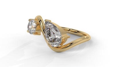 2.21 CTW Toi et Moi Diamond Ring in 14K Yellow Gold with Round and Pear Cut Diamonds