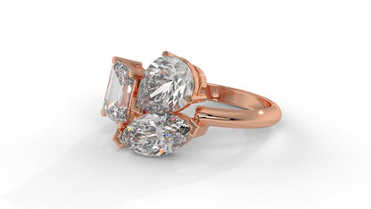 3.00 CTW Three-Stone Toi et Moi Diamond Ring in 14K Rose Gold with Pear, Emerald, and Marquise Diamonds