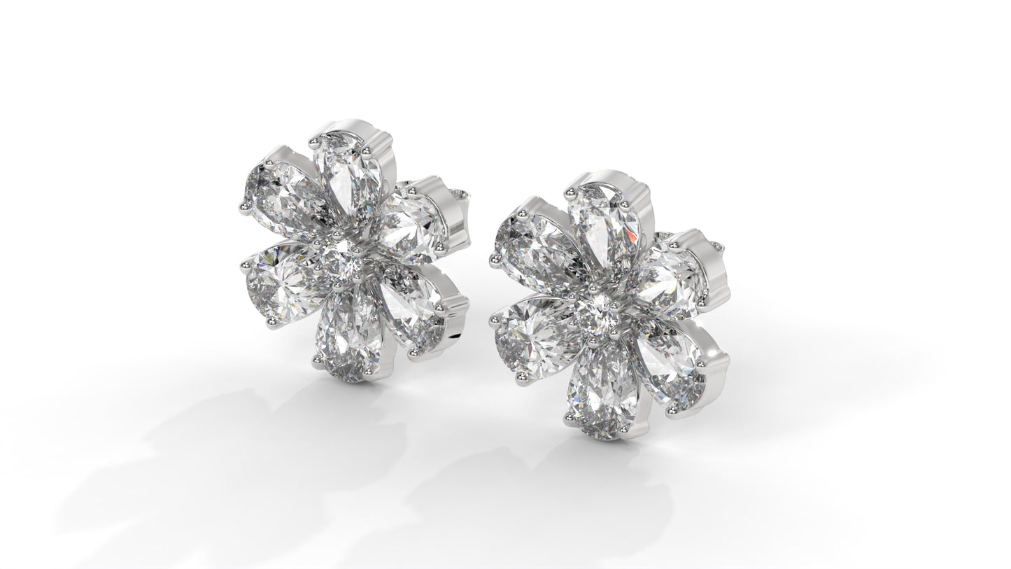 8.14 CTW Diamond Flower Stud Earrings in 14K White Gold - Pear-Shaped Cluster Design