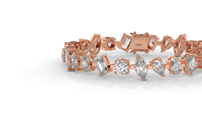 12.50 CTW Mixed Shape Diamond Bracelet in 14K Rose Gold – Round, Emerald, Oval, Pear & Marquise Cut