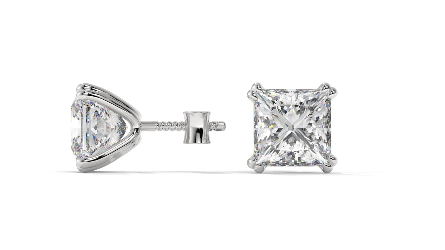 3 CTW Princess-Cut Diamond Stud Earrings In 14K White Gold – Four-Prong Setting
