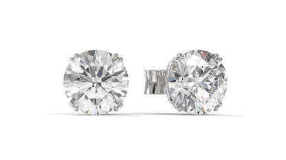 3 CTW Round Diamond Stud Earrings In 14K White Gold – Brilliant-Cut, Four-Prong Filigree Basket, Screw Back