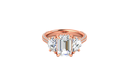 3 Carat Emerald Cut Engagement Ring With Half-Moon Side Stones In 14K Rose Gold