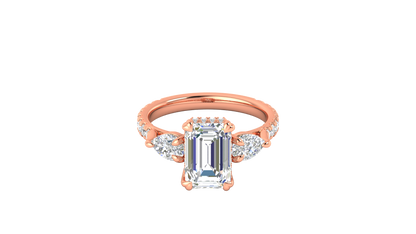 3 Carat Emerald Cut Engagement Ring With Pear Side Stones In 14K Rose Gold