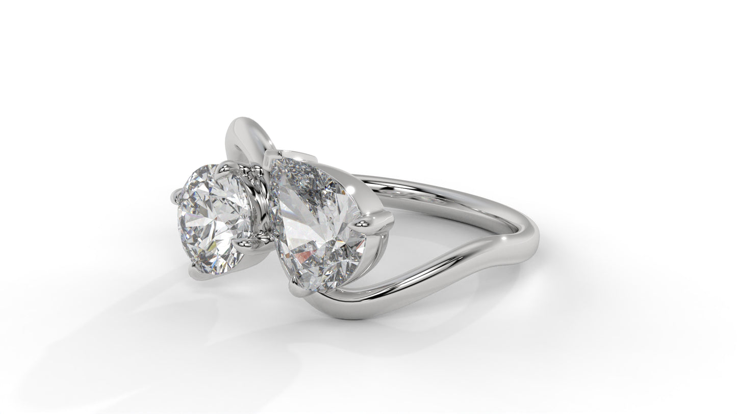 2.50 CTW Toi et Moi Diamond Ring in 14K White Gold with Round and Pear Cut Diamonds