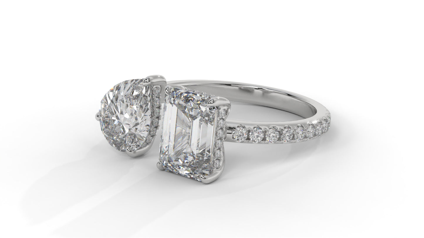 4.50 CTW Toi et Moi Diamond Ring in 14K White Gold with Pear and Emerald Cut Diamonds