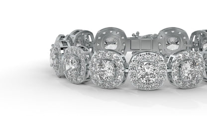 30.26 CTW Diamond Tennis Bracelet in 14K White Gold – Cushion and Round Halo Design