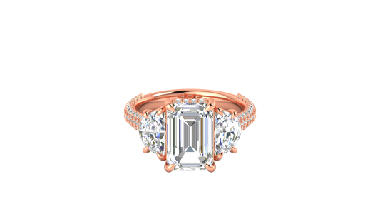 4 Carat Emerald Cut Engagement Ring With Half-Moon Side Stones In 14K Rose Gold