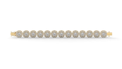30.26 CTW Diamond Tennis Bracelet in 14K Yellow Gold – Cushion and Round Halo Design