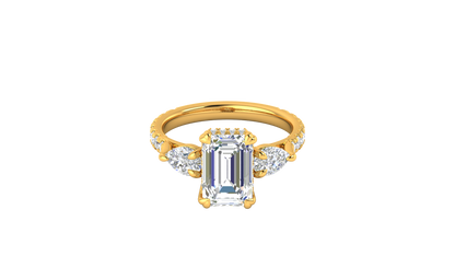 3 Carat Emerald Cut Engagement Ring With Pear Side Stones In 14K Yellow Gold