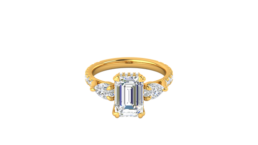 3 Carat Emerald Cut Engagement Ring With Pear Side Stones In 14K Yellow Gold