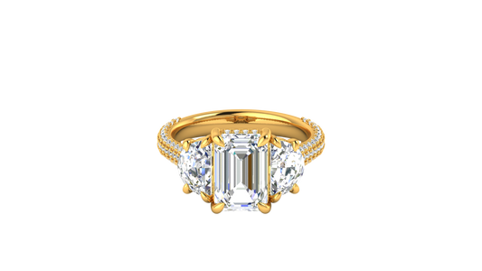 3 Carat Emerald Cut Engagement Ring With Half-Moon Side Stones In 14K Yellow Gold
