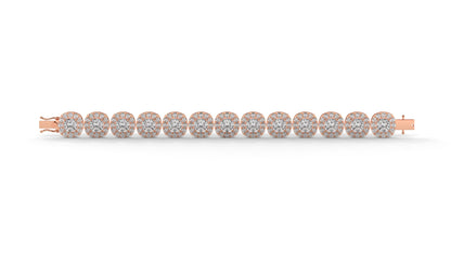 30.26 CTW Diamond Tennis Bracelet in 14K Rose Gold – Cushion and Round Halo Design