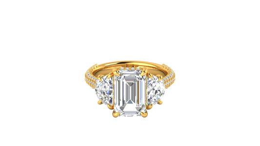4 Carat Emerald Cut Engagement Ring With Half-Moon Side Stones In 14K Yellow Gold