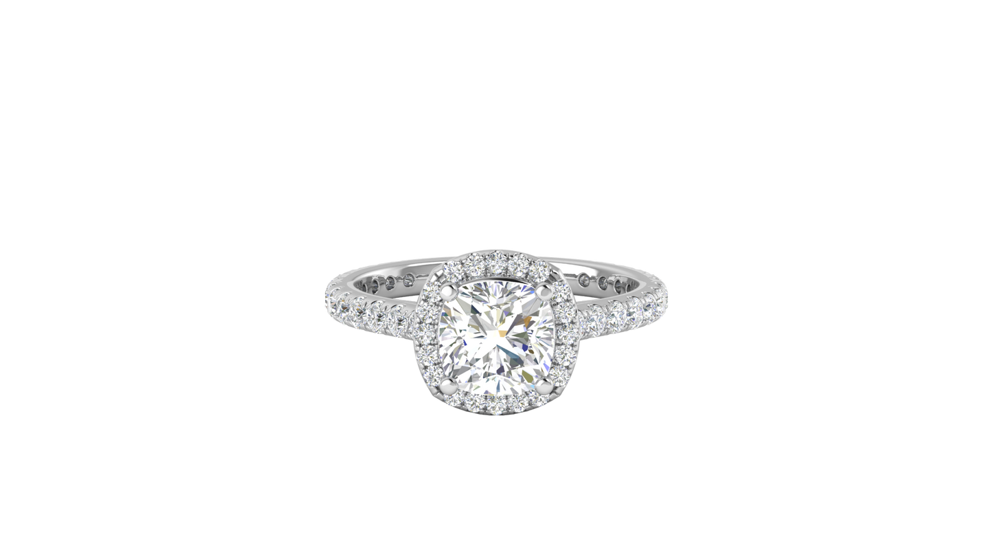 2 Carat Cushion-Cut Halo Engagement Ring With Pavé Diamond Band In 14K White Gold