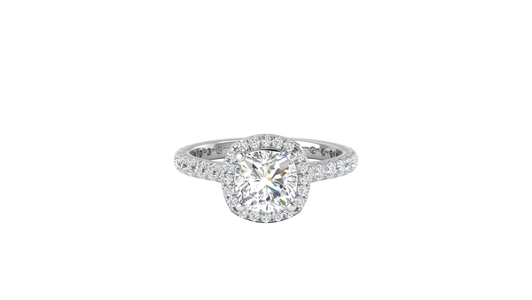 2 Carat Cushion-Cut Halo Engagement Ring With Pavé Diamond Band In 14K White Gold