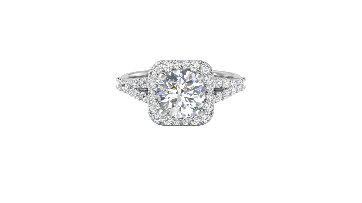 2.00 Carat Round-Cut Halo Engagement Ring With Pavé Diamond Band In 14K White Gold
