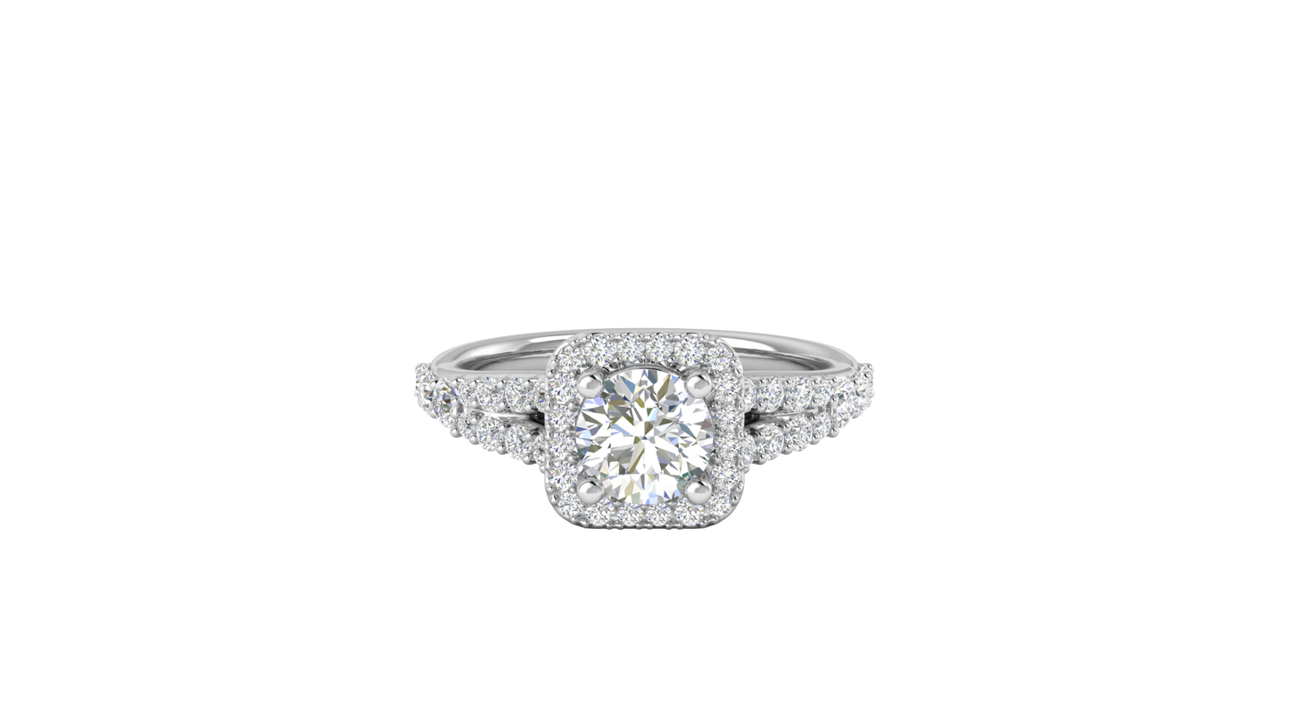 1.00 Carat Round-Cut Halo Engagement Ring With Pavé Diamond Band In 14K White Gold