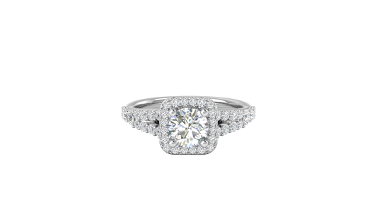 1.00 Carat Round-Cut Halo Engagement Ring With Pavé Diamond Band In 14K White Gold