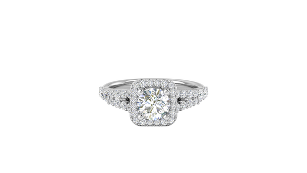 1.00 Carat Round-Cut Halo Engagement Ring With Pavé Diamond Band In 14K White Gold
