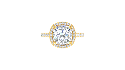 5 Carat Cushion Cut Halo Engagement Ring With Pavé Diamond Band In 14K Yellow Gold