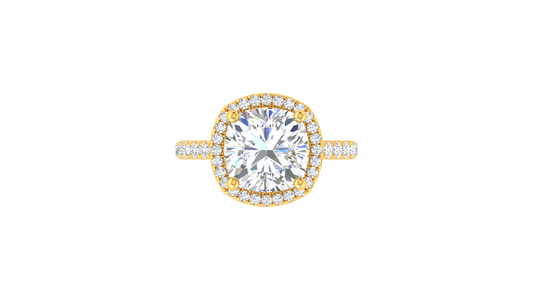 5 Carat Cushion Cut Halo Engagement Ring With Pavé Diamond Band In 14K Yellow Gold