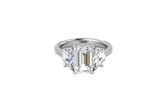 3 Carat Emerald Cut Engagement Ring With Half-Moon Side Stones In 14K White Gold