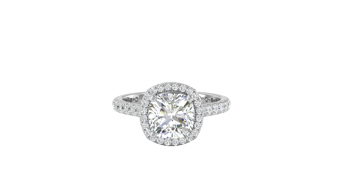 3 Carat Cushion-Cut Halo Engagement Ring With Pavé Diamond Band In 14K White Gold