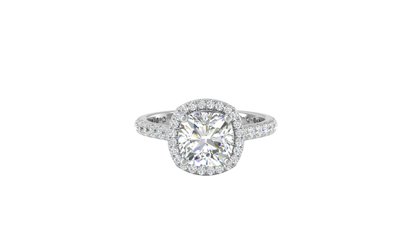 3 Carat Cushion-Cut Halo Engagement Ring With Pavé Diamond Band In 14K White Gold