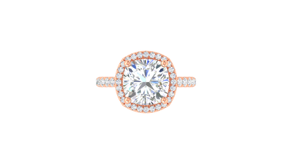 5 Carat Cushion Cut Halo Engagement Ring With Pavé Diamond Band In 14K Rose Gold