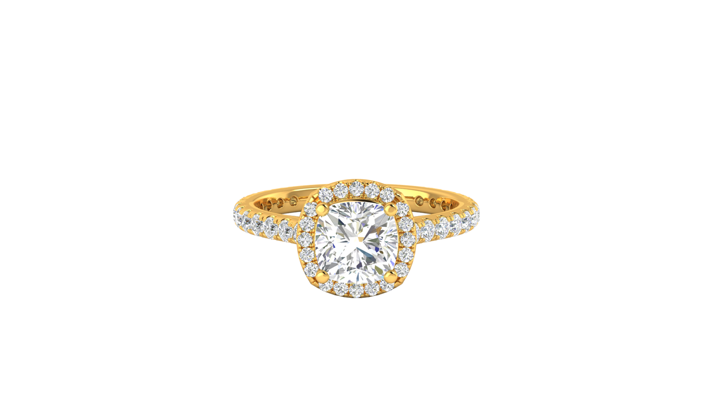 2 Carat Cushion-Cut Halo Engagement Ring With Pavé Diamond Band In 14K Yellow Gold