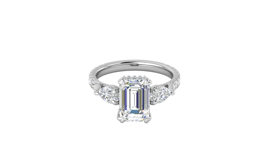3 Carat Emerald Cut Engagement Ring With Pear Side Stones In 14K White Gold