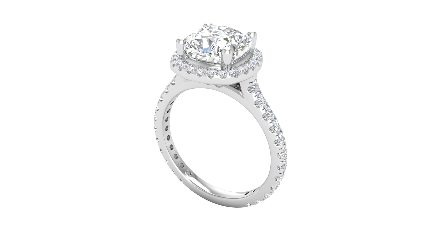 3 Carat Cushion-Cut Halo Engagement Ring With Pavé Diamond Band In 14K White Gold