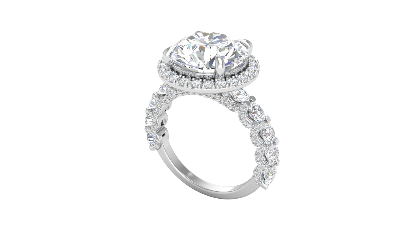 Opulent 5.00 Carat Round-Cut Halo Engagement Ring With Pavé Diamond Band In 14K White Gold