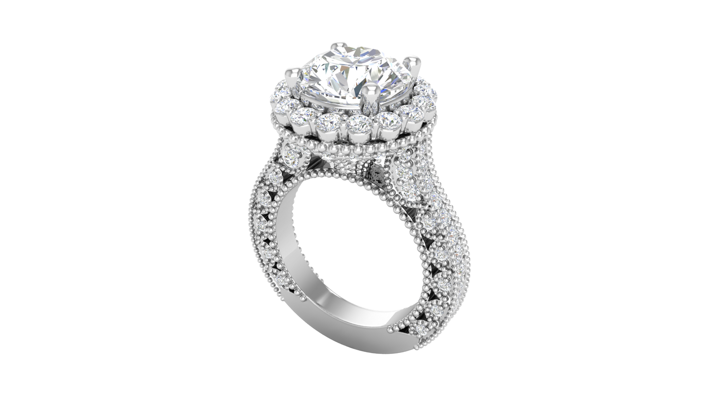 4 Carat Vintage Style Round Engagement Ring In 14K White Gold