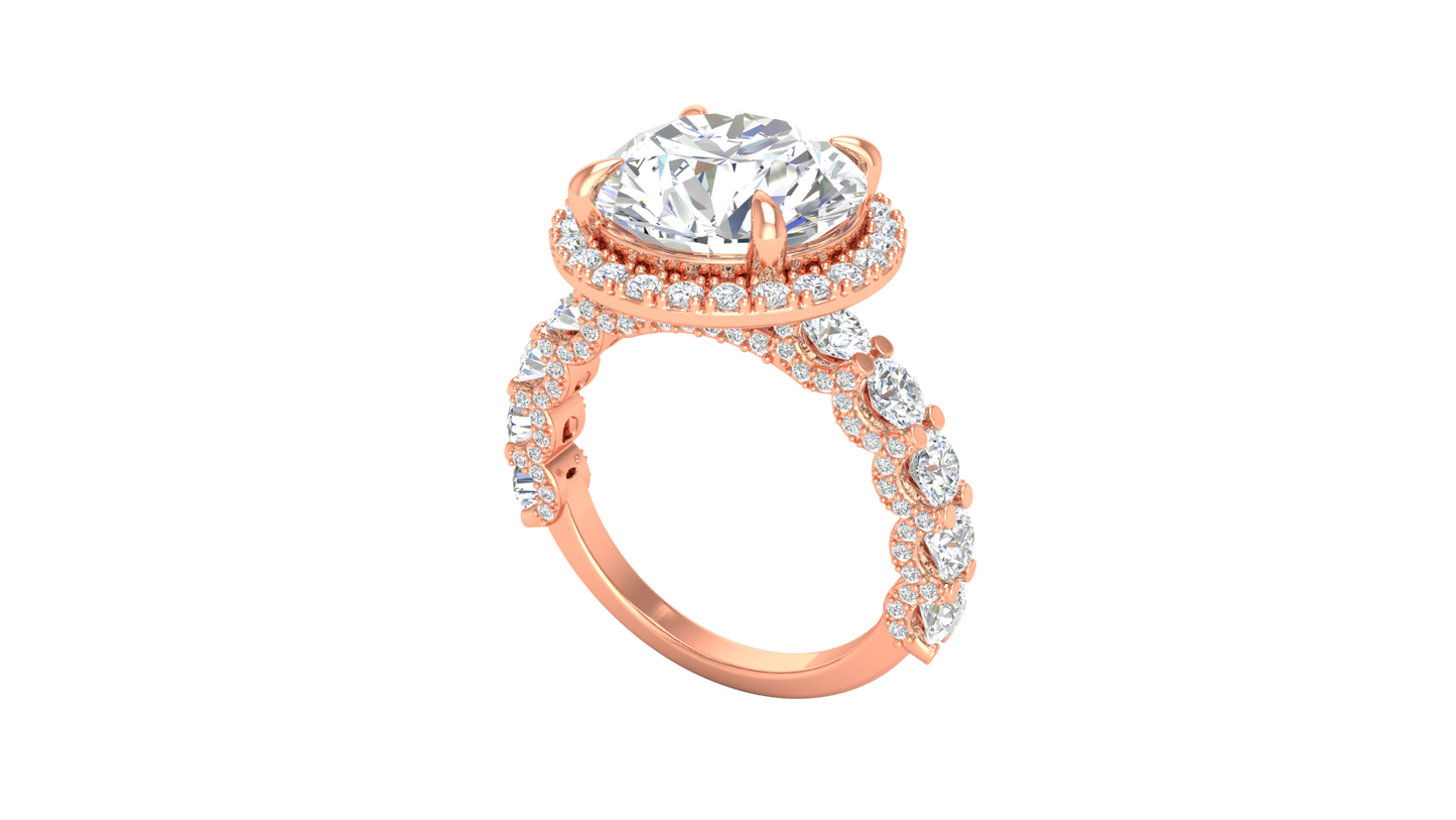 Opulent 5.00 Carat Round-Cut Halo Engagement Ring With Pavé Diamond Band In 14K Rose Gold