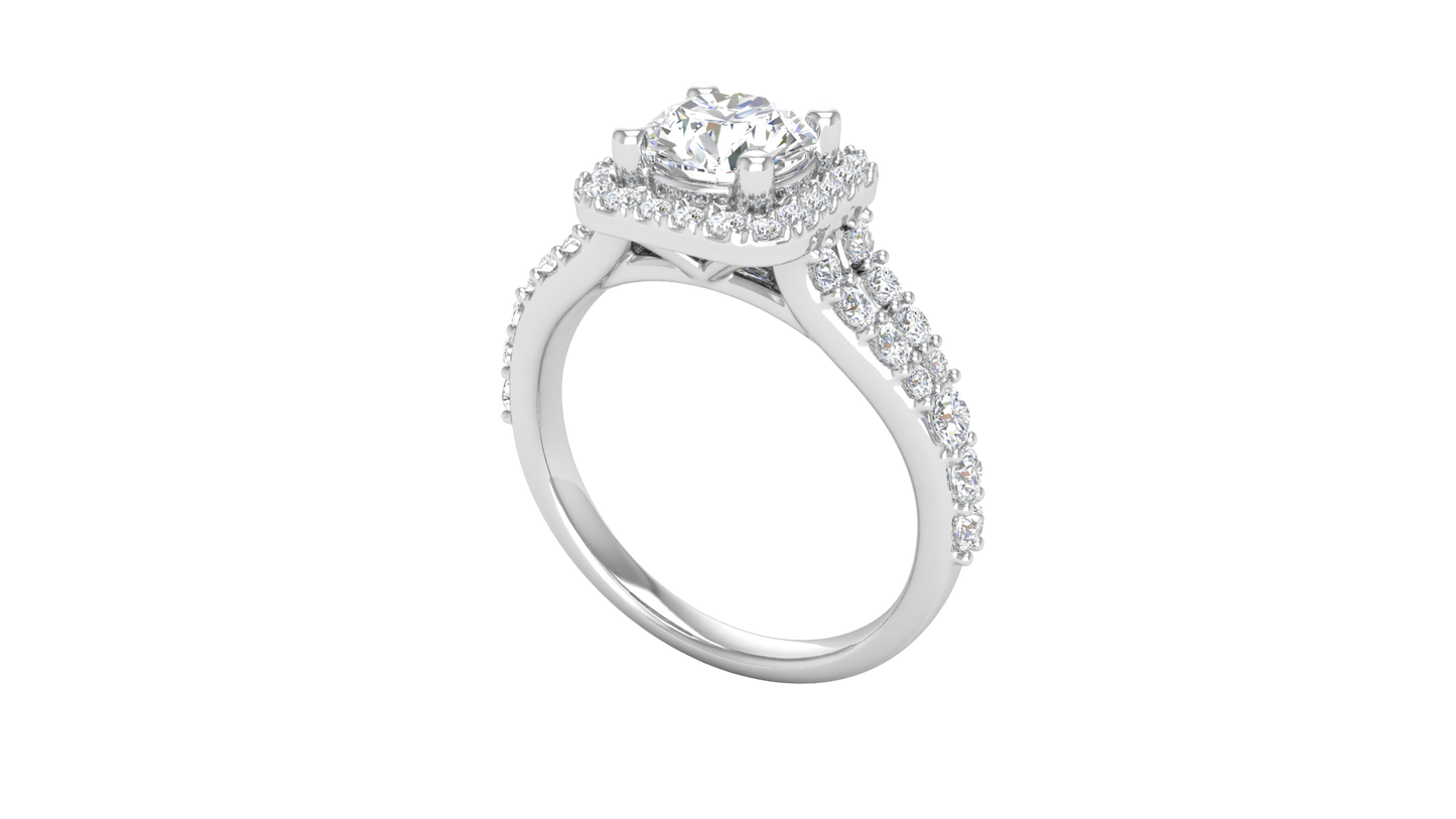 1.00 Carat Round-Cut Halo Engagement Ring With Pavé Diamond Band In 14K White Gold
