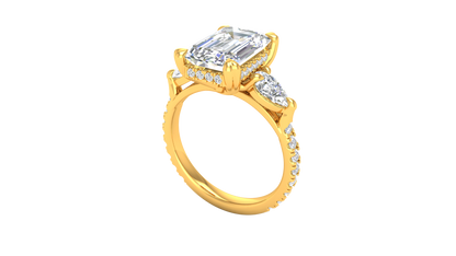 4 Carat Emerald Cut Engagement Ring With Pear Side Stones In 14K Yellow Gold