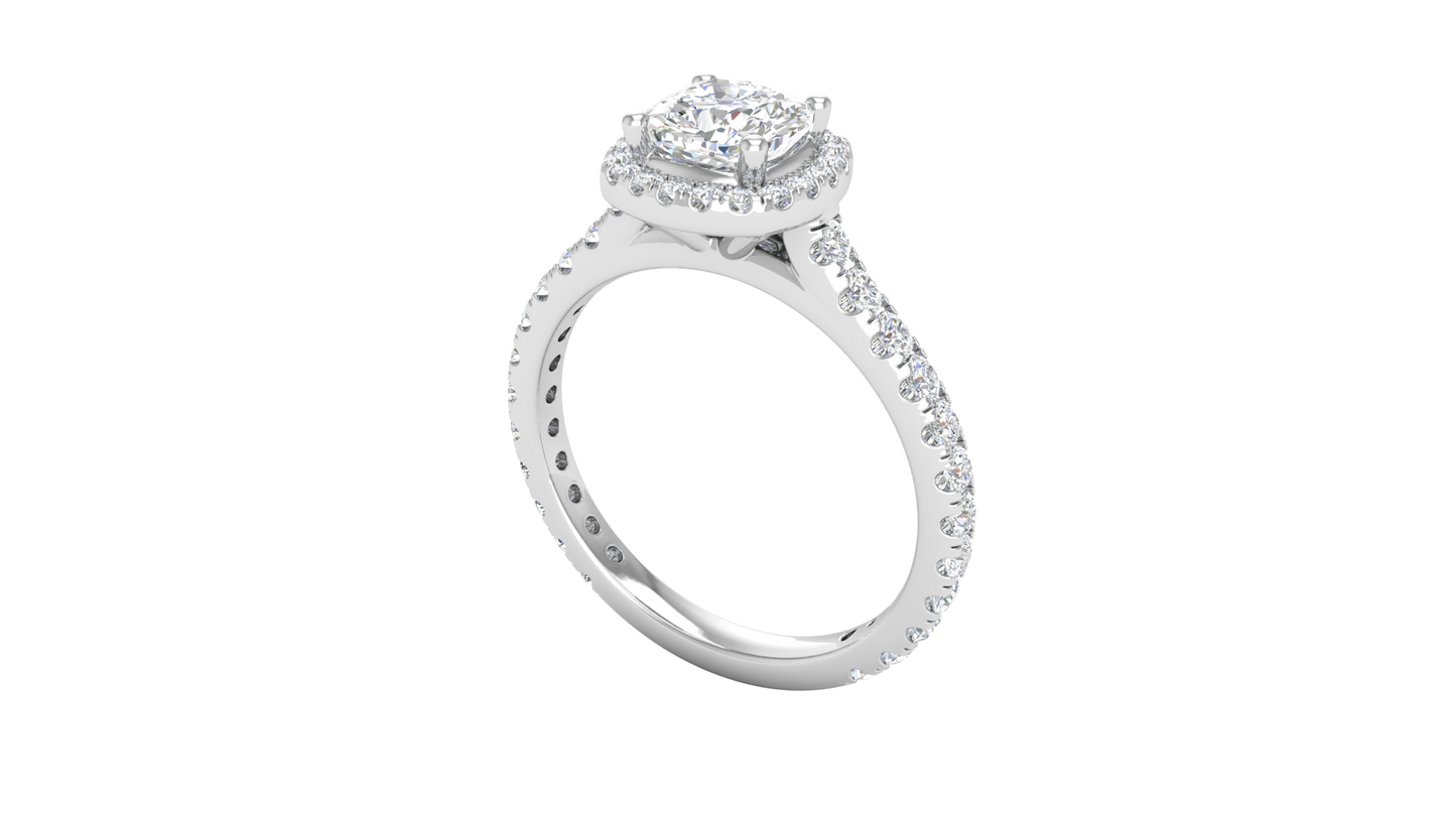 1 Carat Cushion-Cut Halo Engagement Ring With Pavé Diamond Band In 14K White Gold