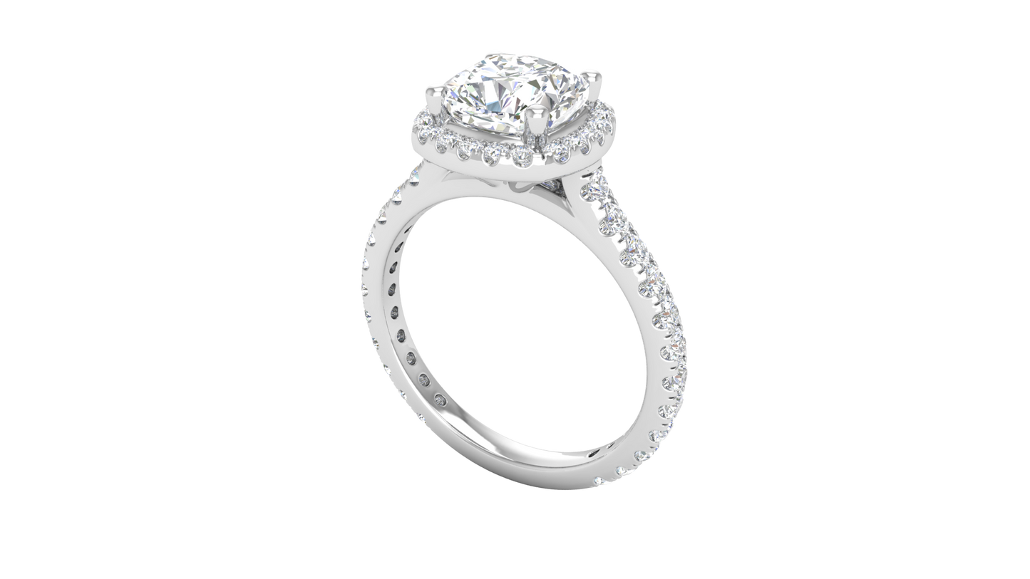 2 Carat Cushion-Cut Halo Engagement Ring With Pavé Diamond Band In 14K White Gold