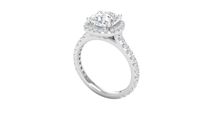 2 Carat Cushion-Cut Halo Engagement Ring With Pavé Diamond Band In 14K White Gold