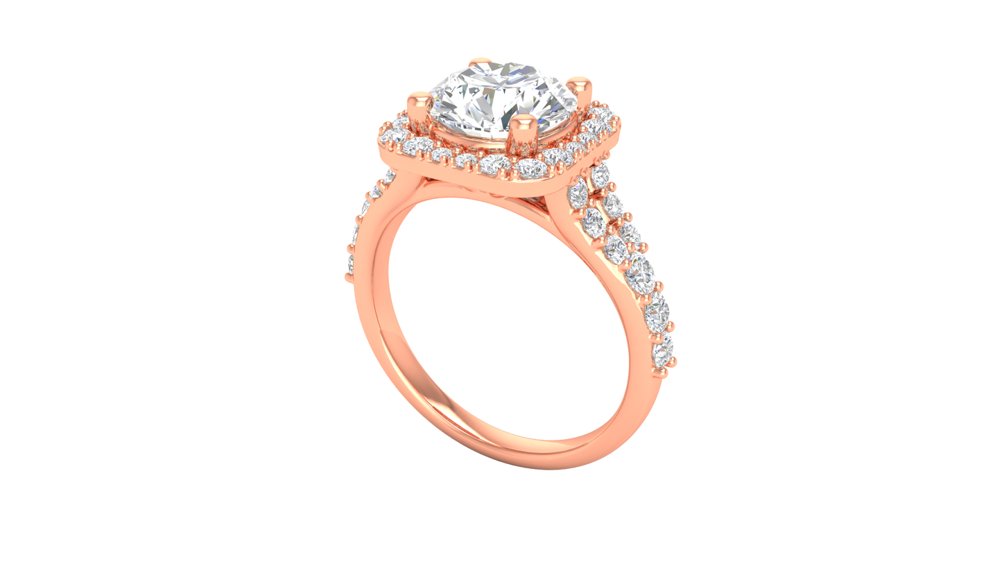 2.00 Carat Round-Cut Halo Engagement Ring With Pavé Diamond Band In 14K Rose Gold
