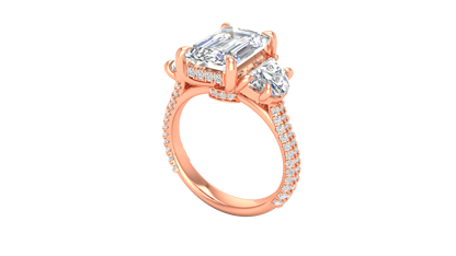 4 Carat Emerald Cut Engagement Ring With Half-Moon Side Stones In 14K Rose Gold
