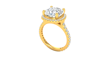 5 Carat Cushion Cut Halo Engagement Ring With Pavé Diamond Band In 14K Yellow Gold